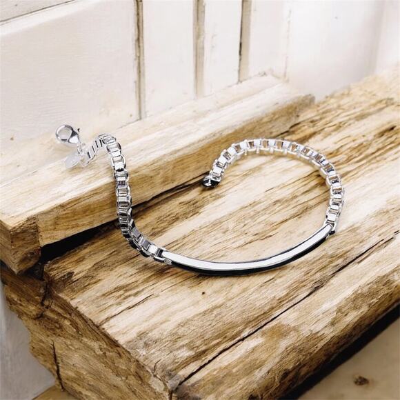 925 Stamped Silver Plated Bracelet Unisex Classic Strip lattice chain 20CM - Picture 5 of 5